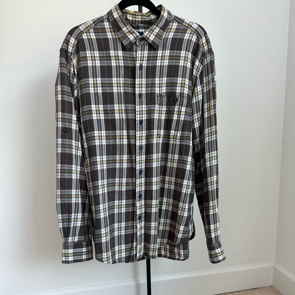 GAP Men's Plaid Button-Down Shirt - Blue, White, Yellow, and Brown XL